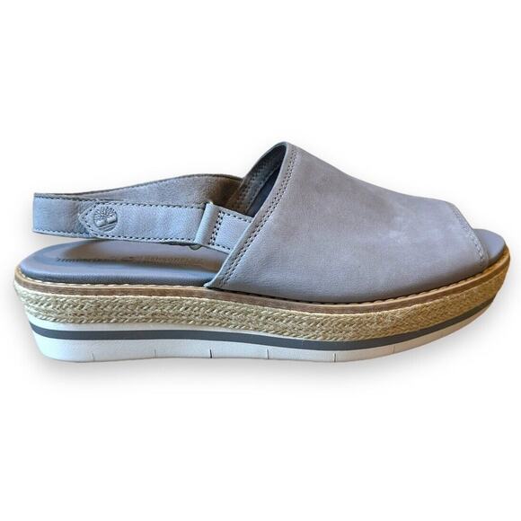 Timberland Emerson Peep Toe Wedge Espadrille Gray Sandals Slingback Leather Sz 9 - Picture 1 of 10